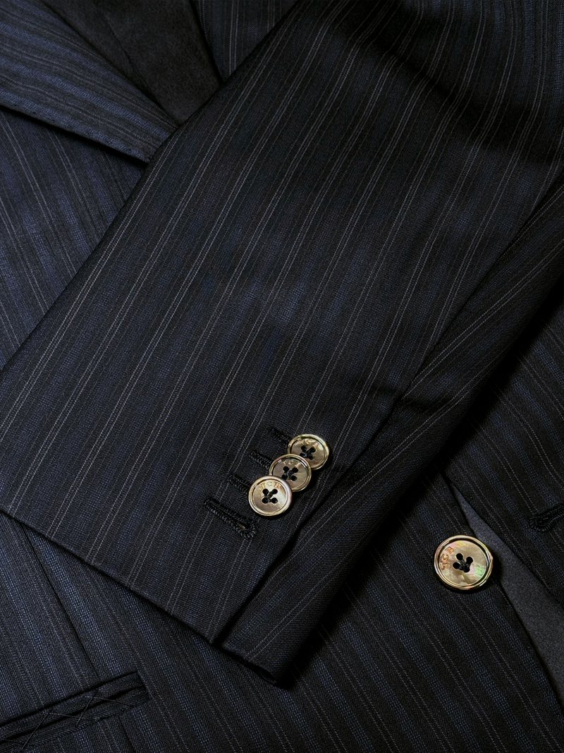WORSTED WOOL AND SILK JACKET IN BLACK WITH FAINT BLUE STRIPES