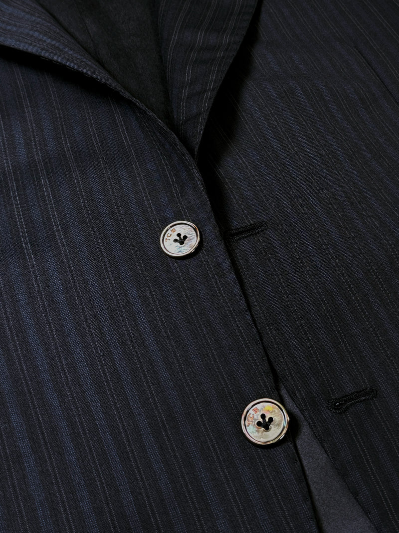 WORSTED WOOL AND SILK JACKET IN BLACK WITH FAINT BLUE STRIPES