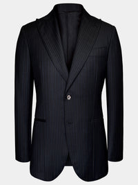 BLACK WITH FAINT BLUE STRIPES WORSTED WOOL AND SILK JACKET