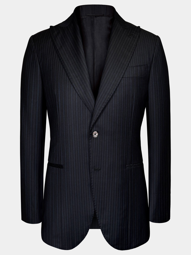 WORSTED WOOL AND SILK SUIT IN BLACK WITH FAINT BLUE STRIPES