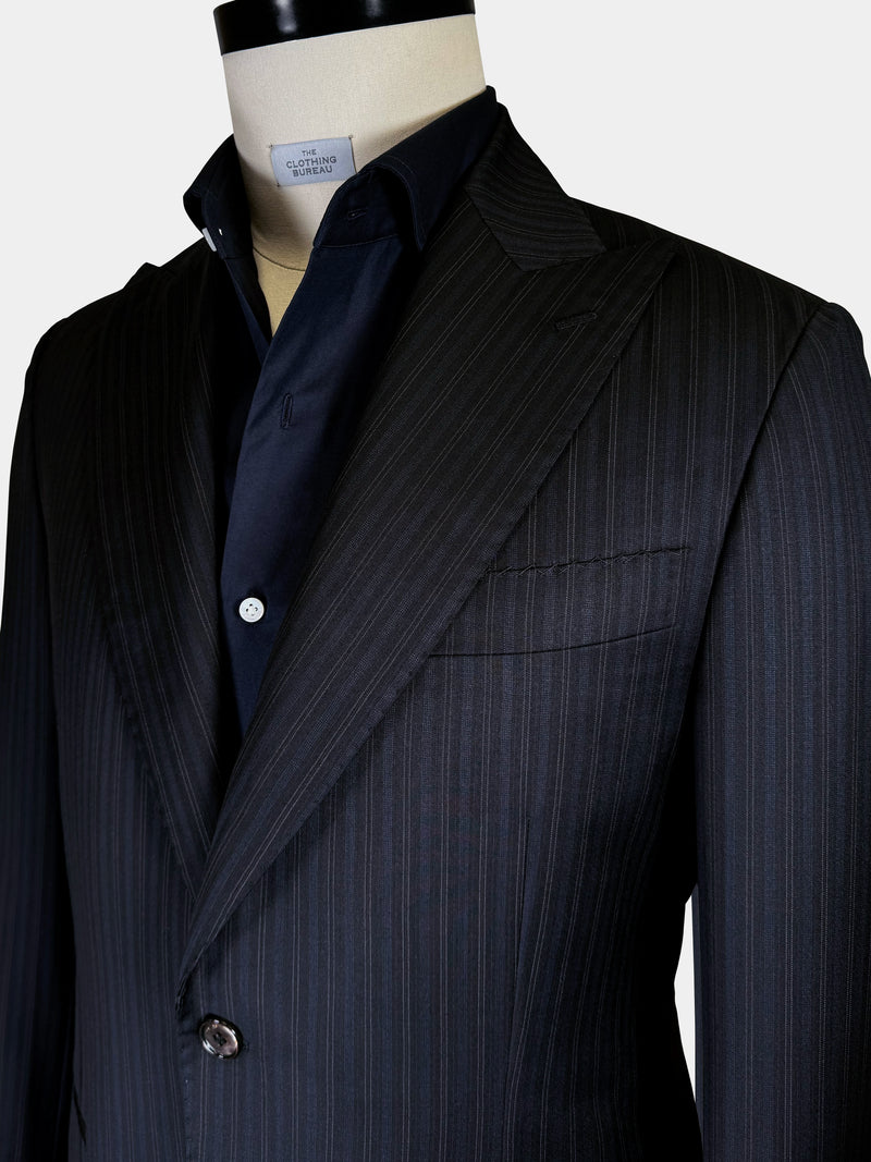 WORSTED WOOL AND SILK JACKET IN BLACK WITH FAINT BLUE STRIPES