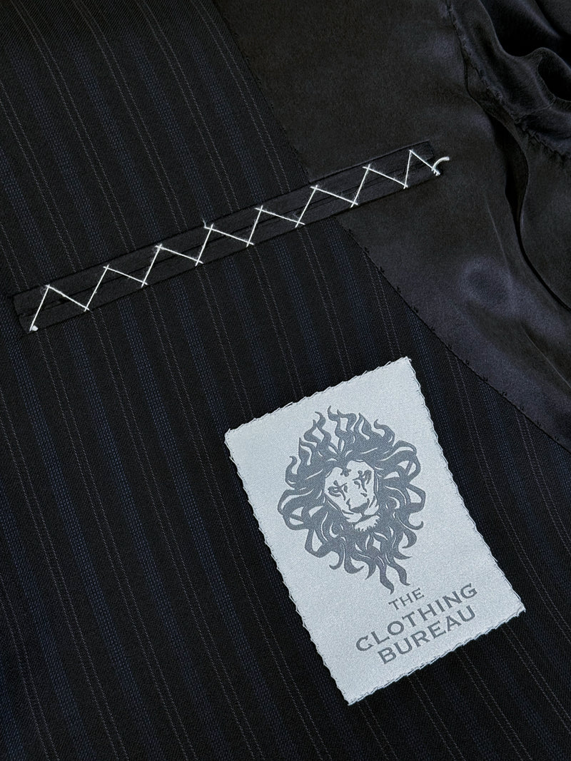 WORSTED WOOL AND SILK JACKET IN BLACK WITH FAINT BLUE STRIPES