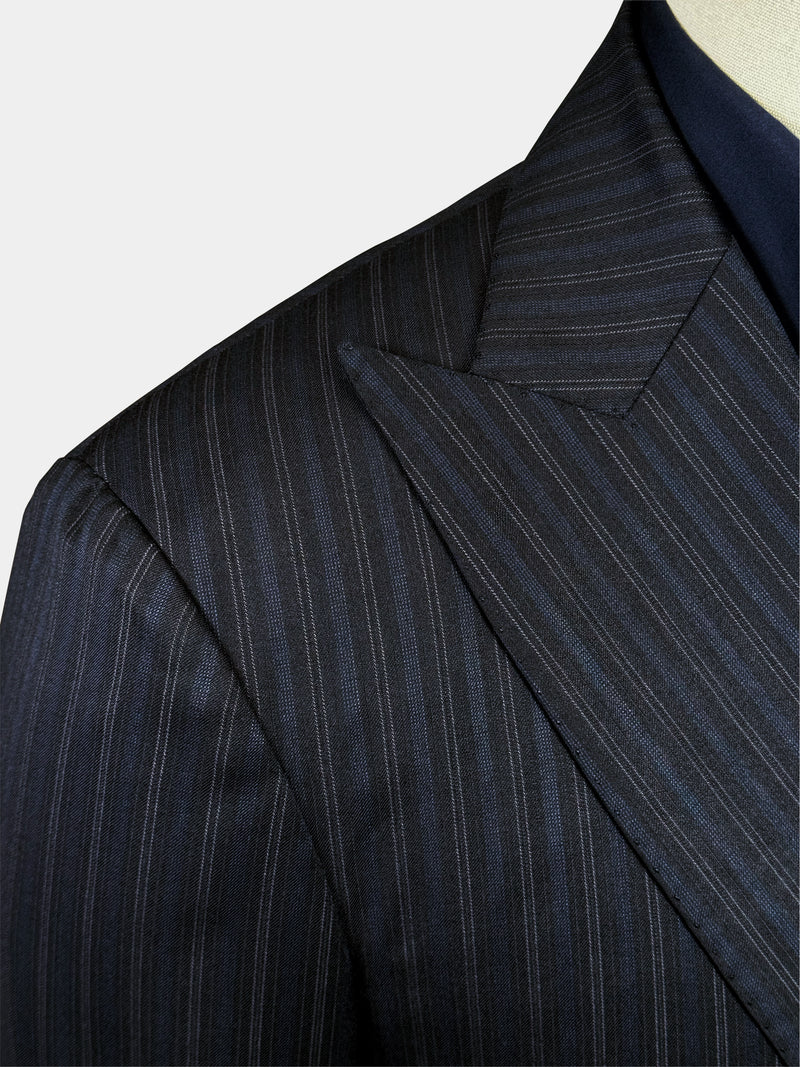 WORSTED WOOL AND SILK SUIT IN BLACK WITH FAINT BLUE STRIPES