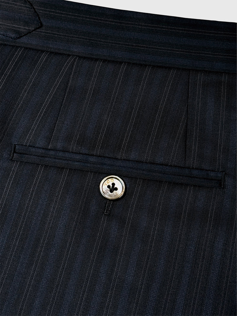 WORSTED WOOL AND SILK SUIT IN BLACK WITH FAINT BLUE STRIPES