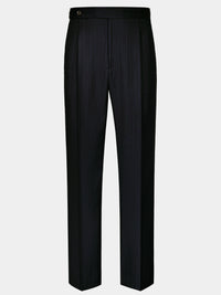 BLACK WITH FAINT BLUE STRIPES WORSTED WOOL AND SILK TROUSERS