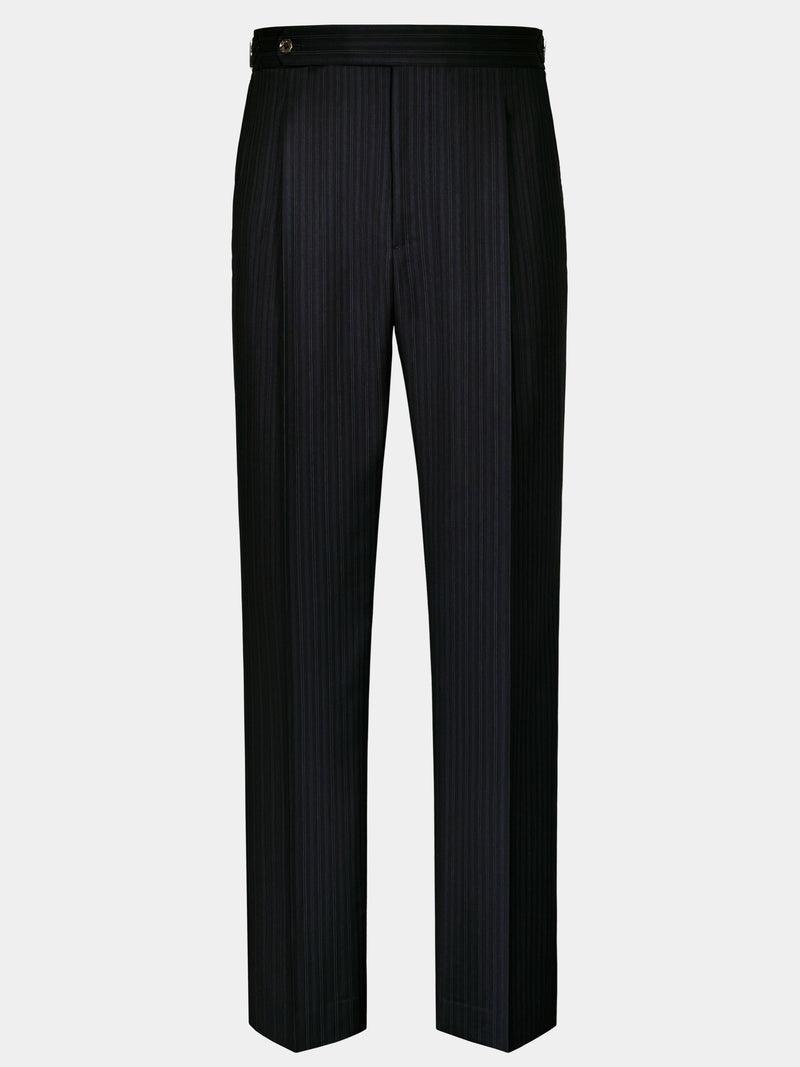 WORSTED WOOL AND SILK SUIT IN BLACK WITH FAINT BLUE STRIPES