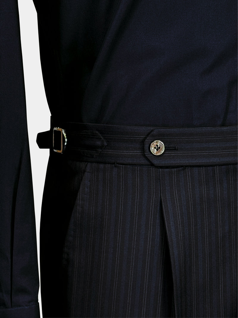 WORSTED WOOL AND SILK TROUSERS IN BLACK WITH FAINT BLUE STRIPES