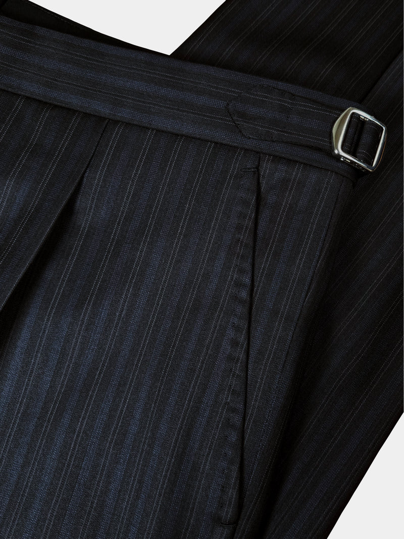 WORSTED WOOL AND SILK SUIT IN BLACK WITH FAINT BLUE STRIPES