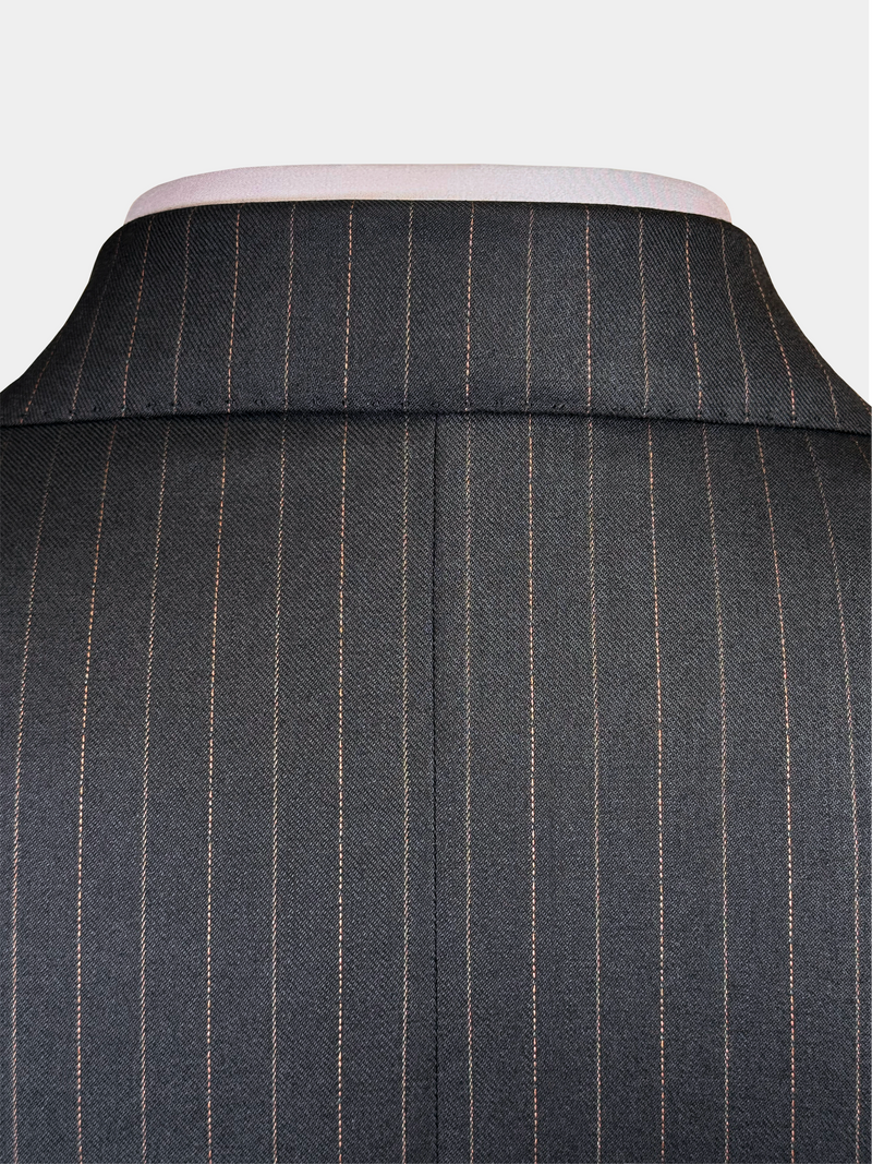 WOOL SUIT IN CHARCOAL WITH BRONZE DOTTED PINSTRIPES
