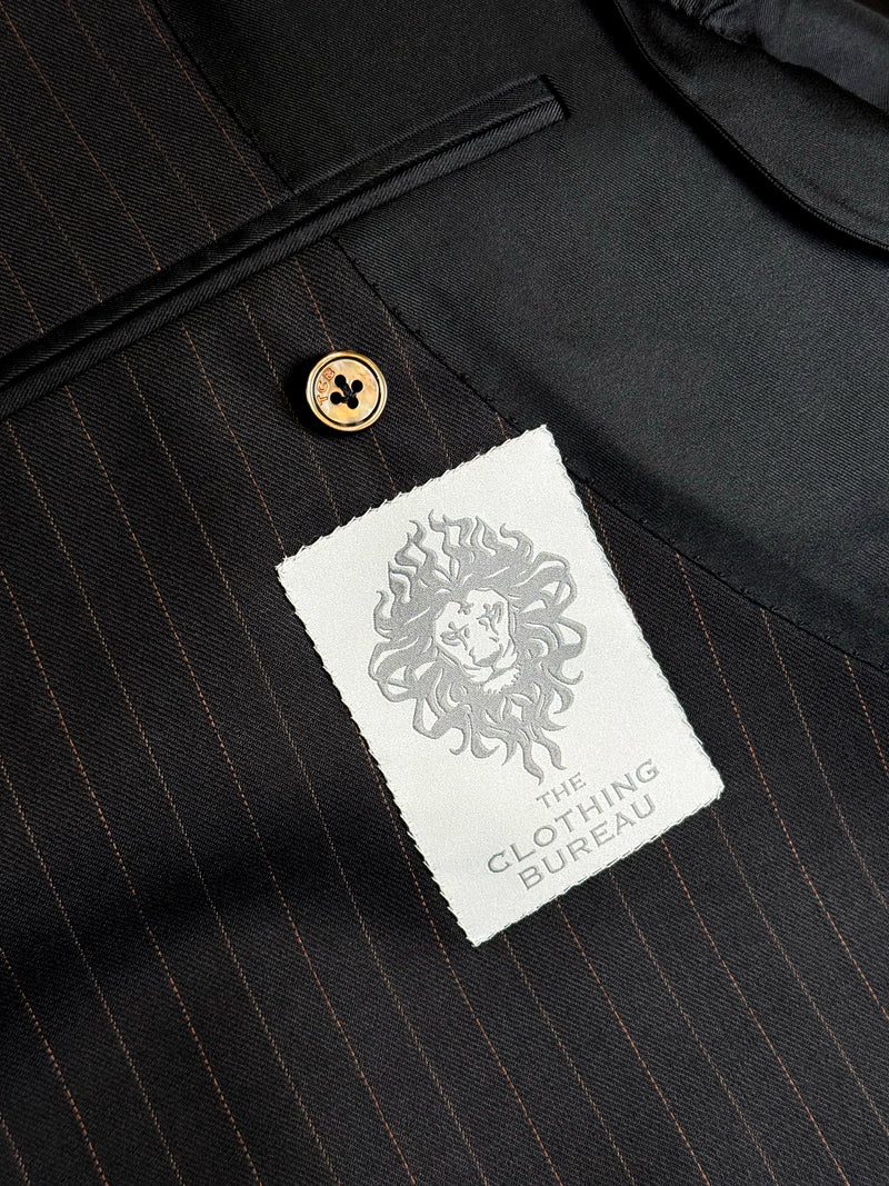 WOOL SUIT IN CHARCOAL WITH BRONZE DOTTED PINSTRIPES