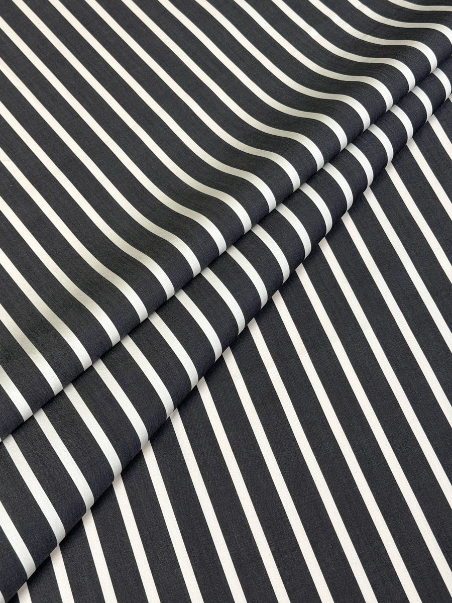Charcoal Gray and White Striped Cotton Poplin