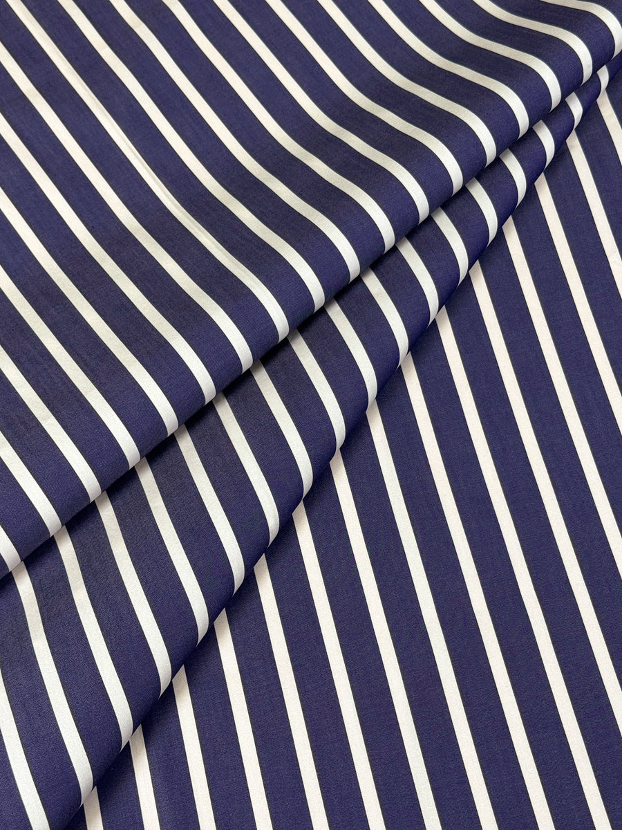 Deep Blue and White Striped Cotton Poplin