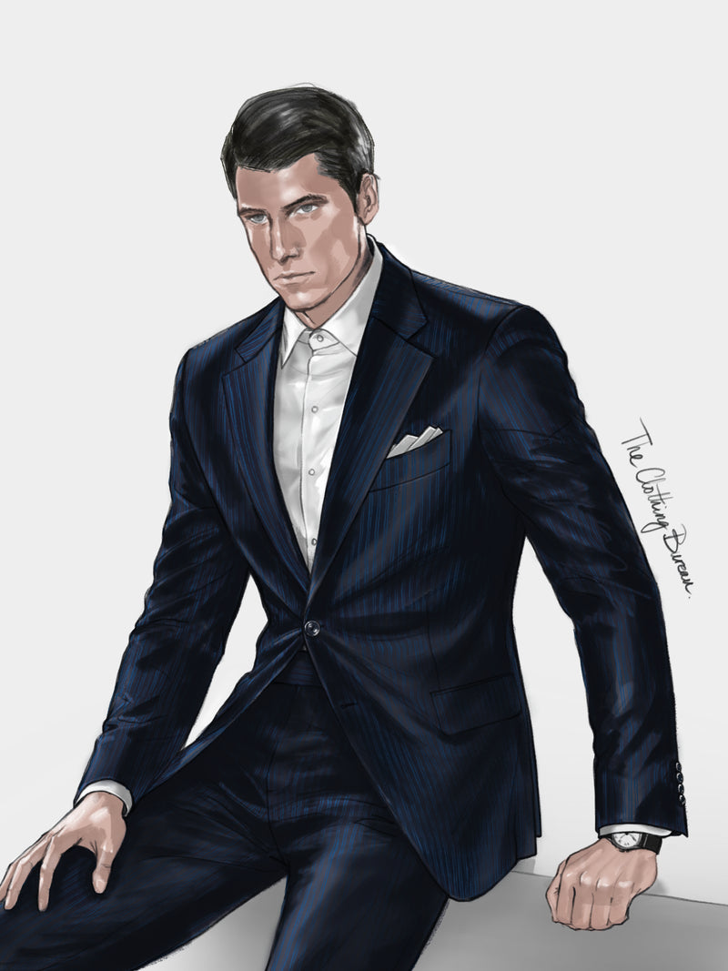 Wool and cashmere suit in charcoal with turquoise double pinstripes — jacket detail illustration, The Clothing Bureau