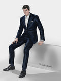 Wool and cashmere suit in charcoal with turquoise double pinstripes — full look illustration, The Clothing Bureau