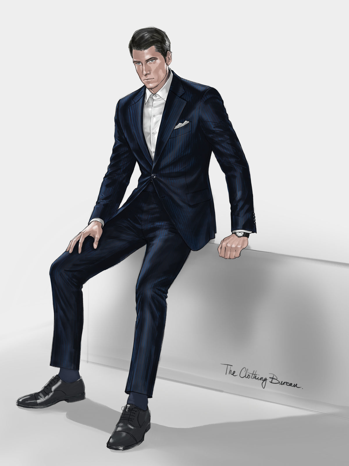 Wool and cashmere suit in charcoal with turquoise double pinstripes — full look illustration, The Clothing Bureau