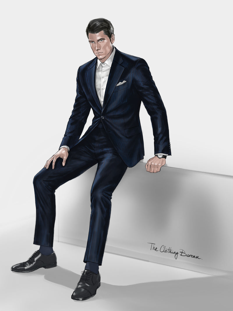 Wool and cashmere suit in charcoal with turquoise double pinstripes — full look illustration, The Clothing Bureau