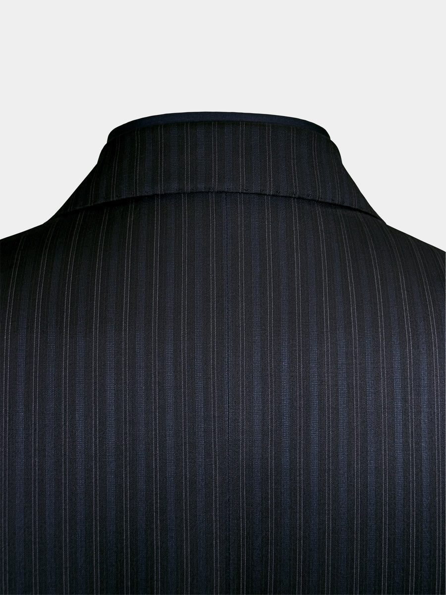 BLACK WITH FAINT BLUE STRIPES WORSTED WOOL AND SILK SUIT