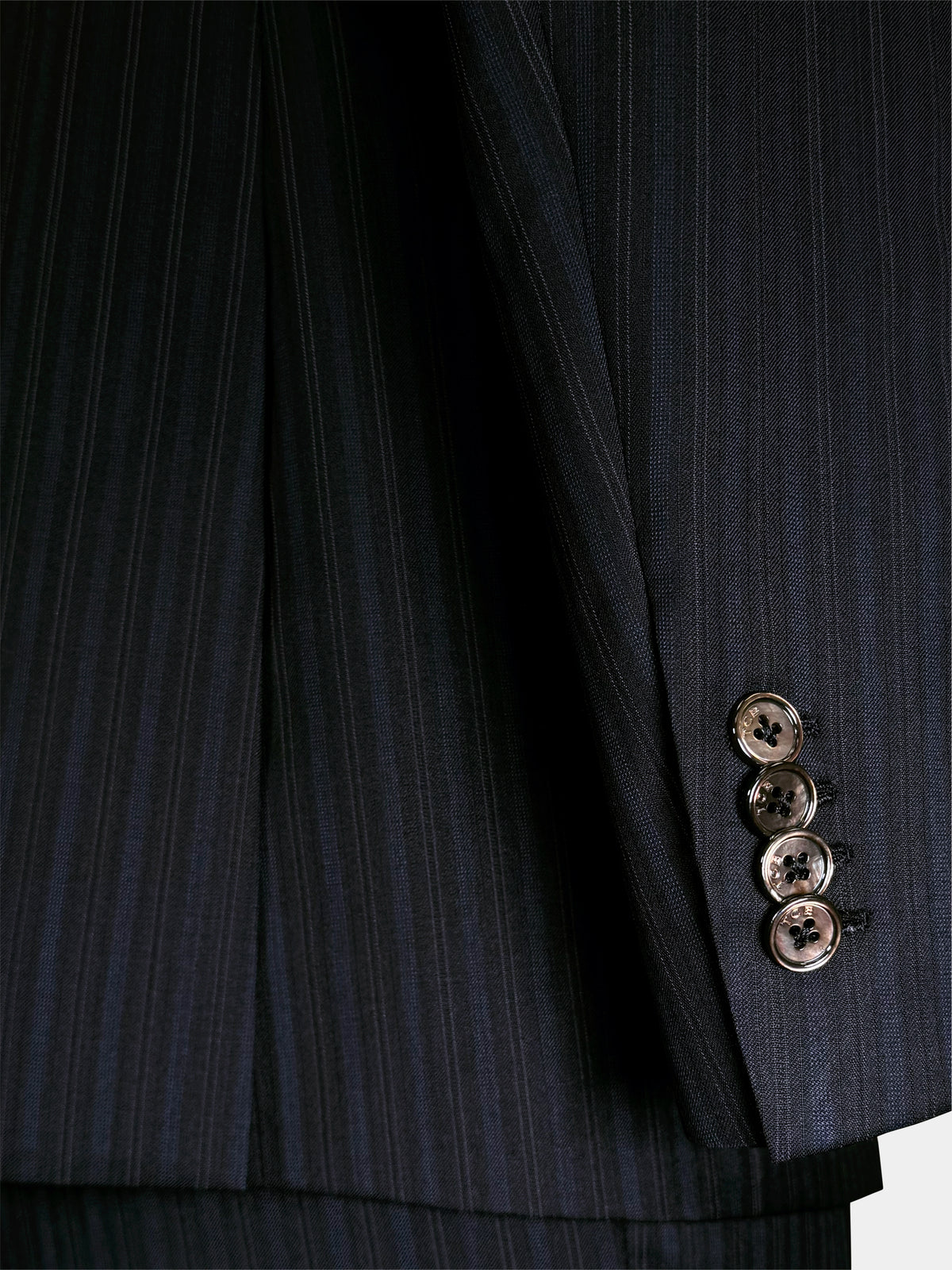 BLACK WITH FAINT BLUE STRIPES WORSTED WOOL AND SILK SUIT