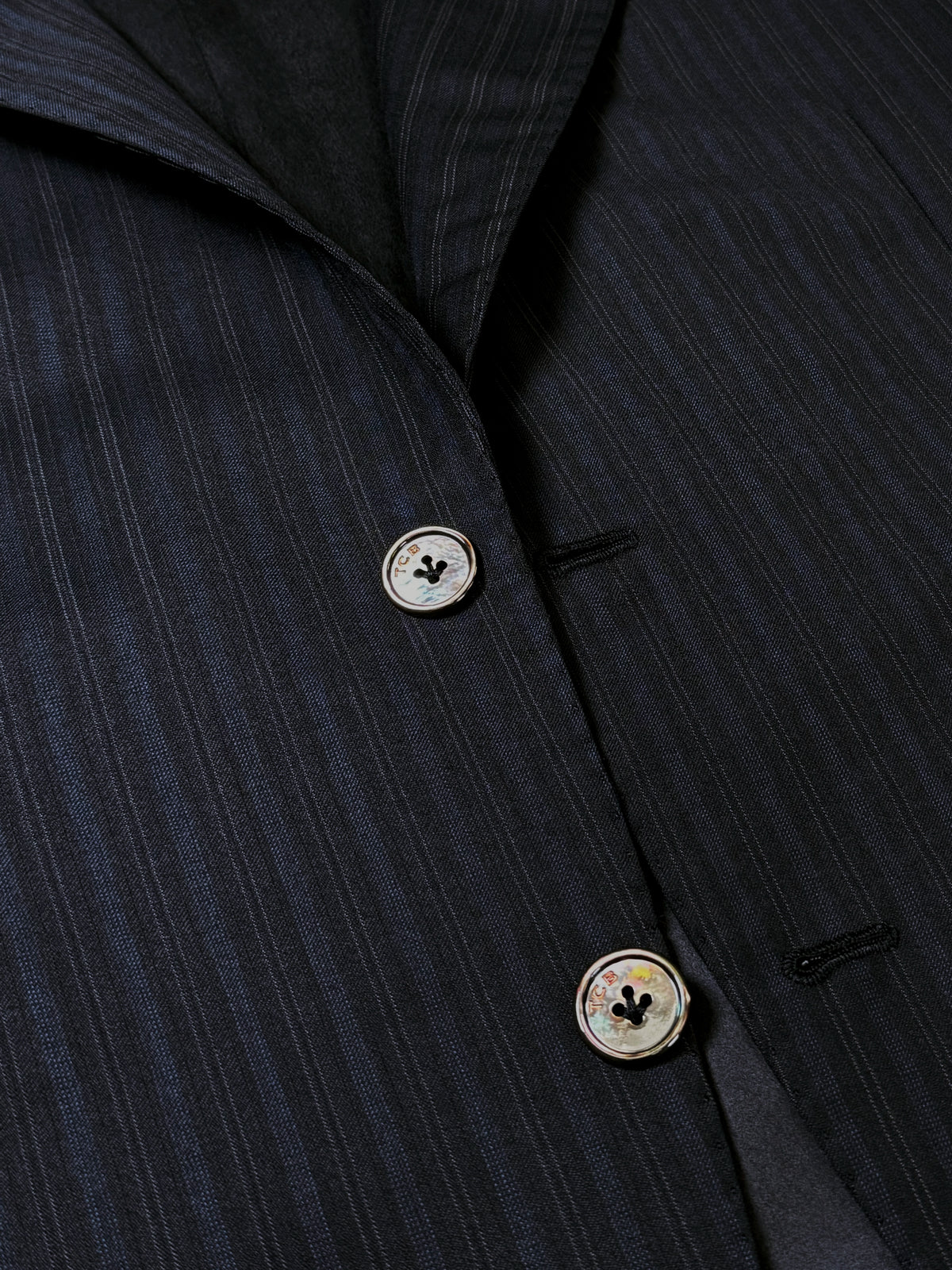 BLACK WITH FAINT BLUE STRIPES WORSTED WOOL AND SILK SUIT