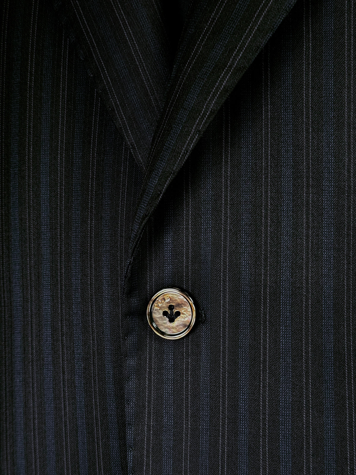 BLACK WITH FAINT BLUE STRIPES WORSTED WOOL AND SILK SUIT