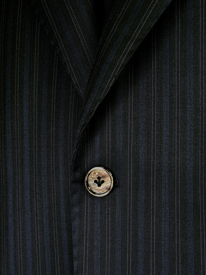 BLACK WITH FAINT BLUE STRIPES WORSTED WOOL AND SILK SUIT