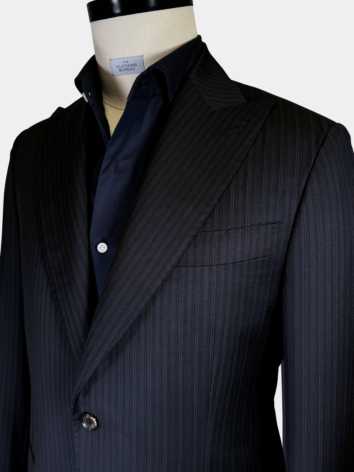 BLACK WITH FAINT BLUE STRIPES WORSTED WOOL AND SILK SUIT