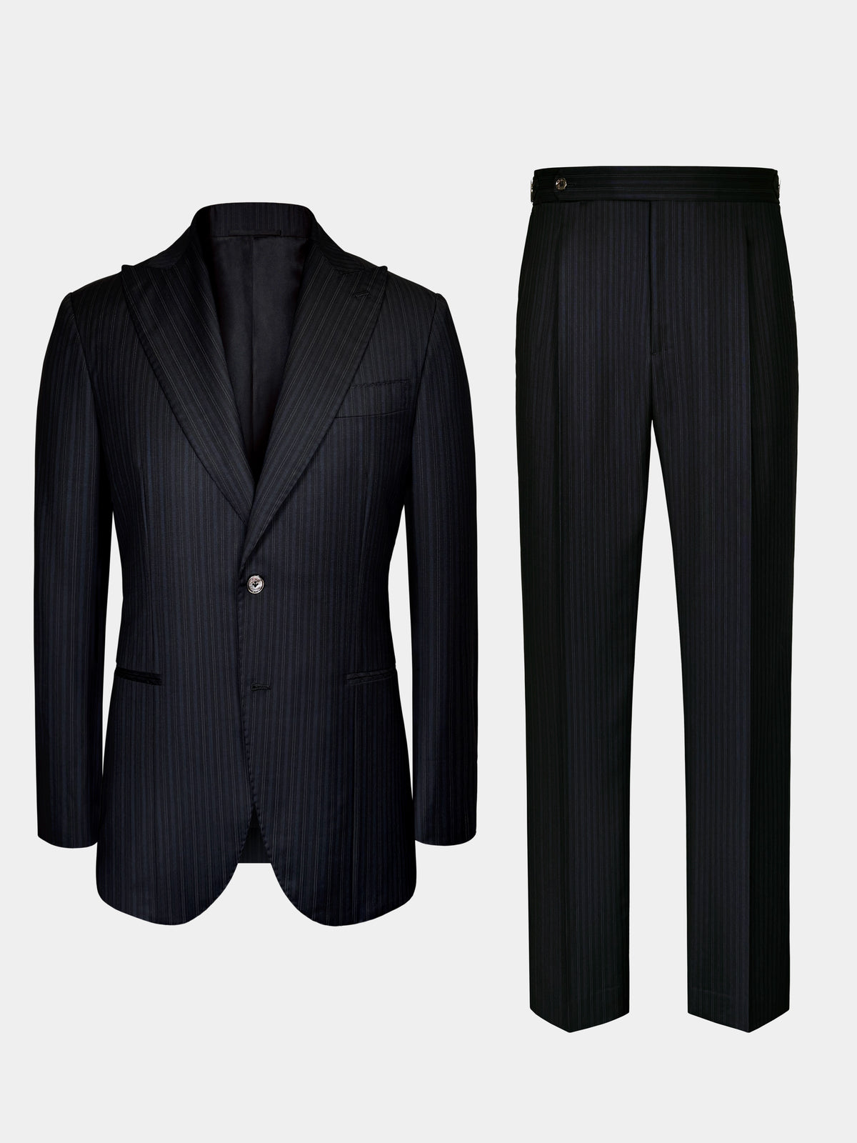 BLACK WITH FAINT BLUE STRIPES WORSTED WOOL AND SILK SUIT