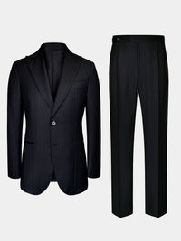 WORSTED WOOL AND SILK SUIT IN BLACK WITH FAINT BLUE STRIPES