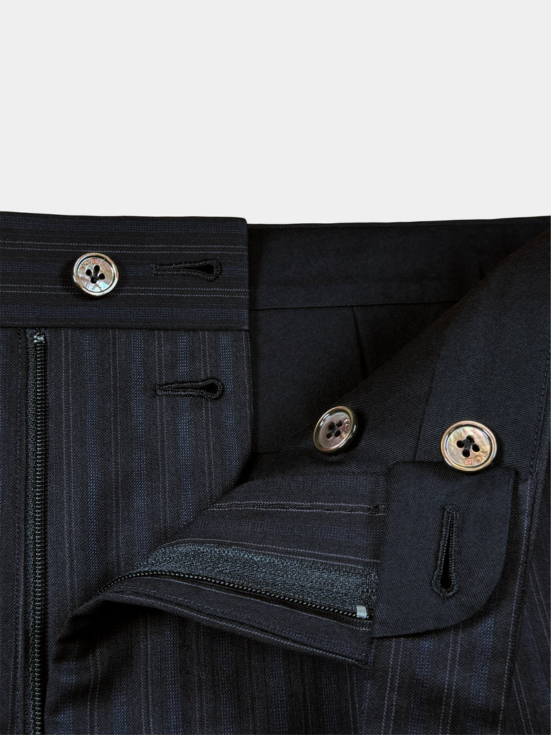BLACK WITH FAINT BLUE STRIPES WORSTED WOOL AND SILK TROUSERS
