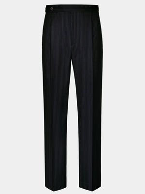 BLACK WITH FAINT BLUE STRIPES WORSTED WOOL AND SILK TROUSERS