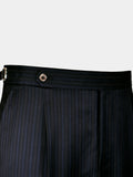 BLACK WITH FAINT BLUE STRIPES WORSTED WOOL AND SILK TROUSERS