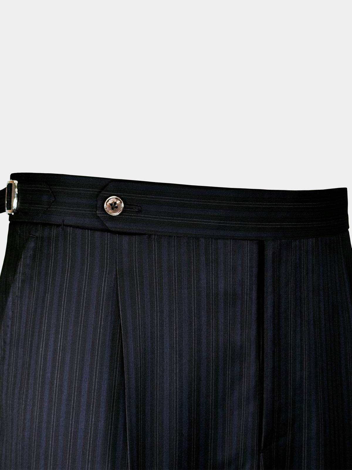 BLACK WITH FAINT BLUE STRIPES WORSTED WOOL AND SILK TROUSERS