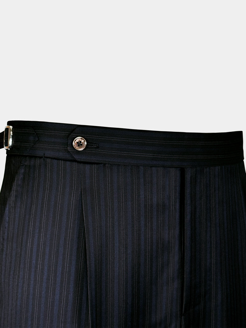 BLACK WITH FAINT BLUE STRIPES WORSTED WOOL AND SILK TROUSERS