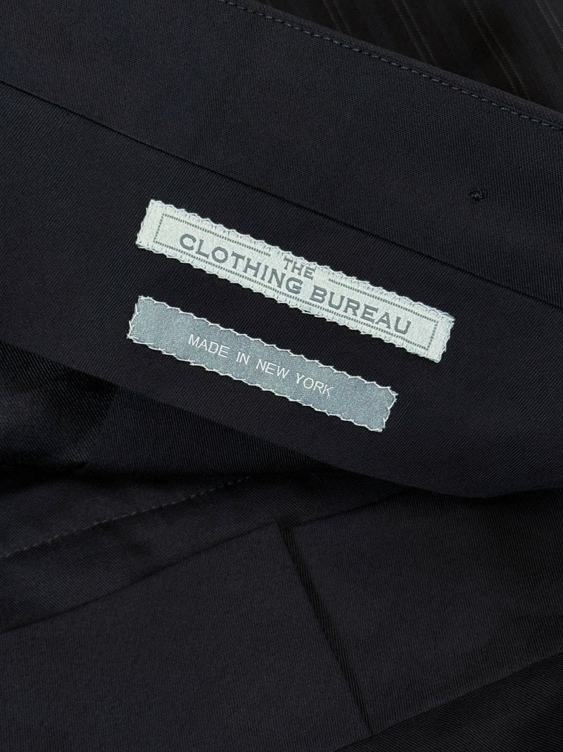 BLACK WITH FAINT BLUE STRIPES WORSTED WOOL AND SILK TROUSERS