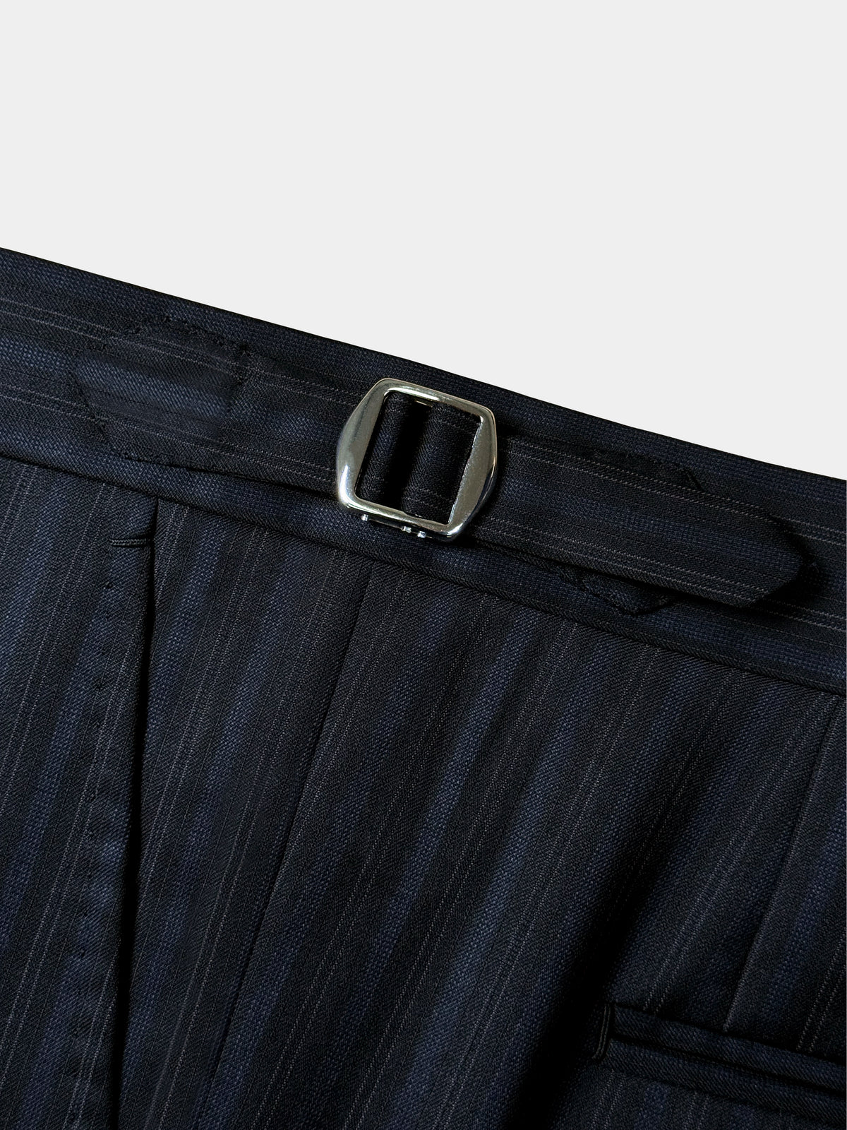 BLACK WITH FAINT BLUE STRIPES WORSTED WOOL AND SILK SUIT