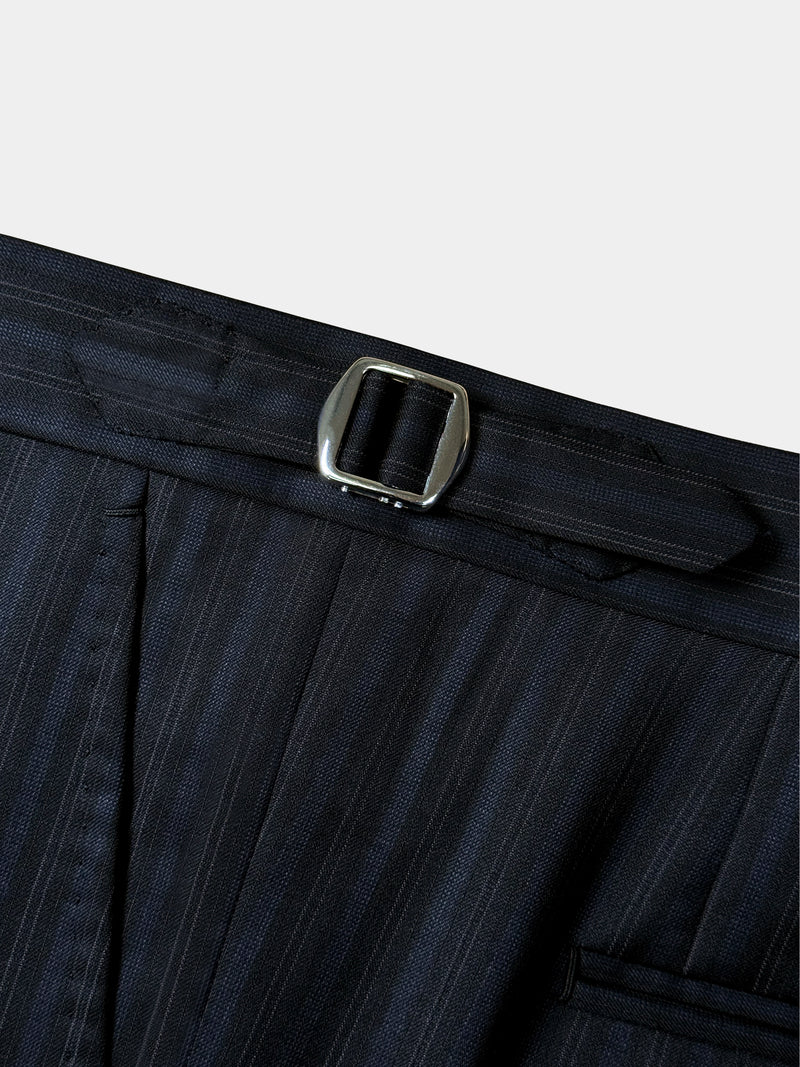 BLACK WITH FAINT BLUE STRIPES WORSTED WOOL AND SILK TROUSERS