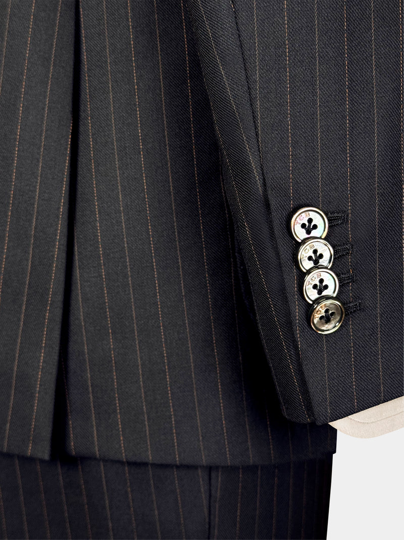 CHARCOAL BLACK WITH BRONZE DOTTED PINSTRIPES WOOL SUIT