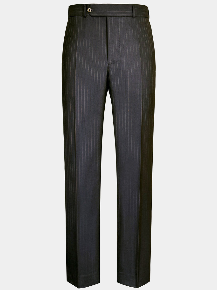 CHARCOAL BLACK WITH BRONZE DOTTED PINSTRIPES  WOOL TROUSERS