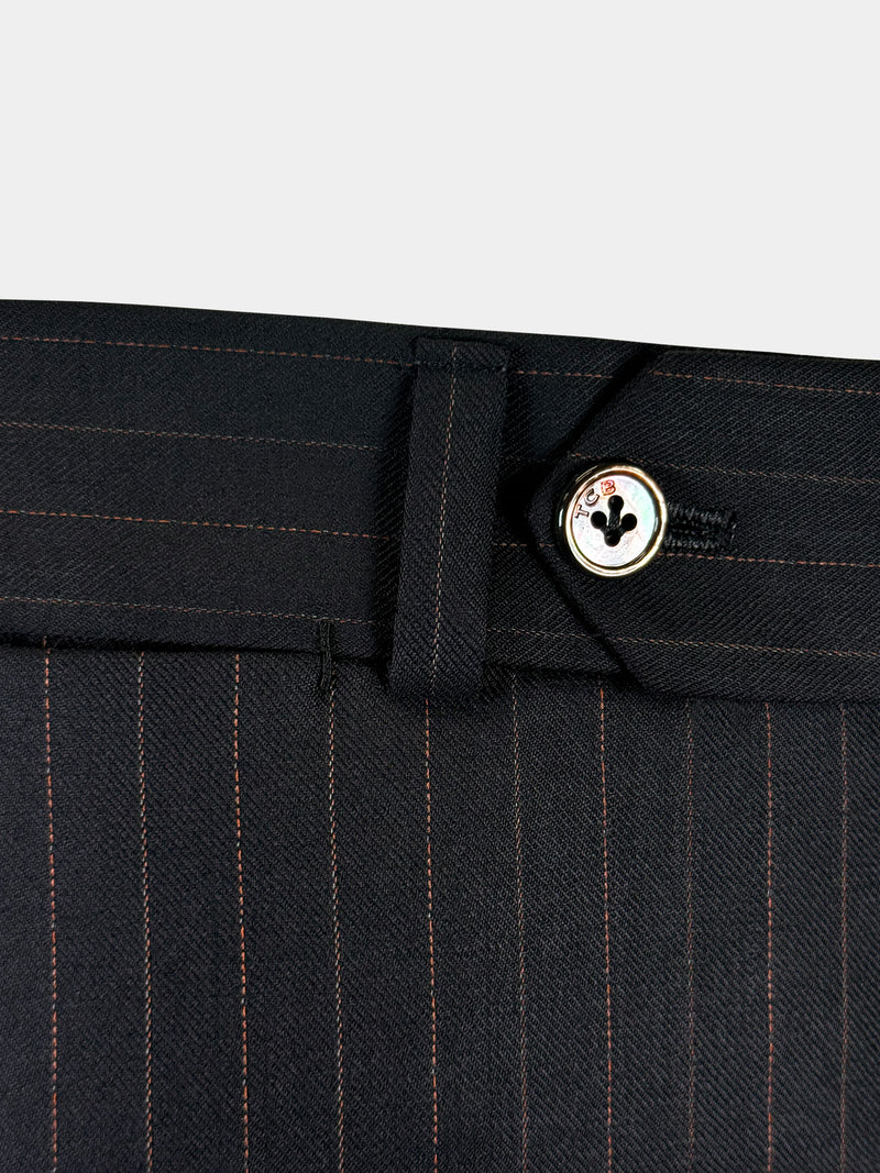 CHARCOAL BLACK WITH BRONZE DOTTED PINSTRIPES  WOOL TROUSERS