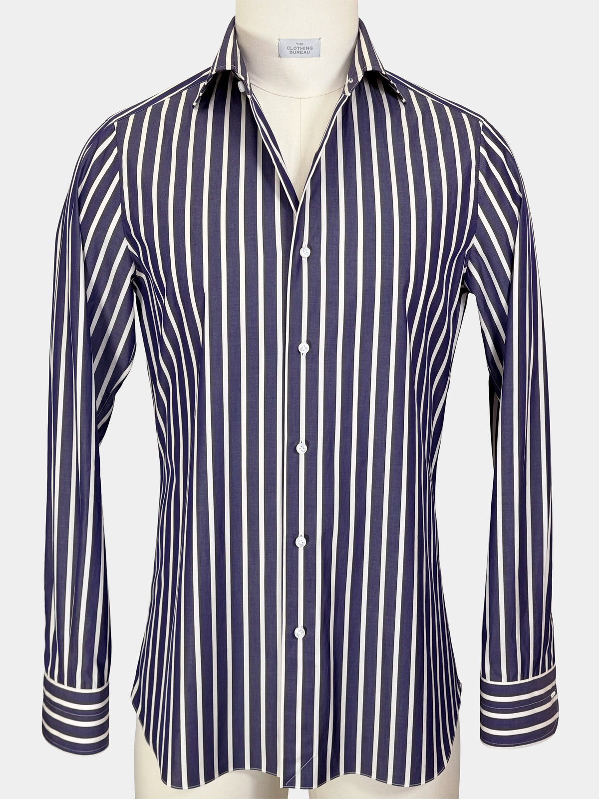 DEEP BLUE AND WHITE STRIPED COTTON POPLIN DRESS SHIRT