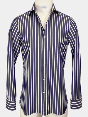 COTTON POPLIN DRESS SHIRT IN DEEP BLUE AND WHITE STRIPES
