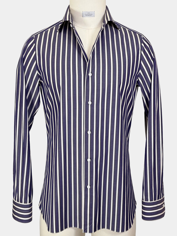 COTTON POPLIN DRESS SHIRT IN DEEP BLUE AND WHITE STRIPES