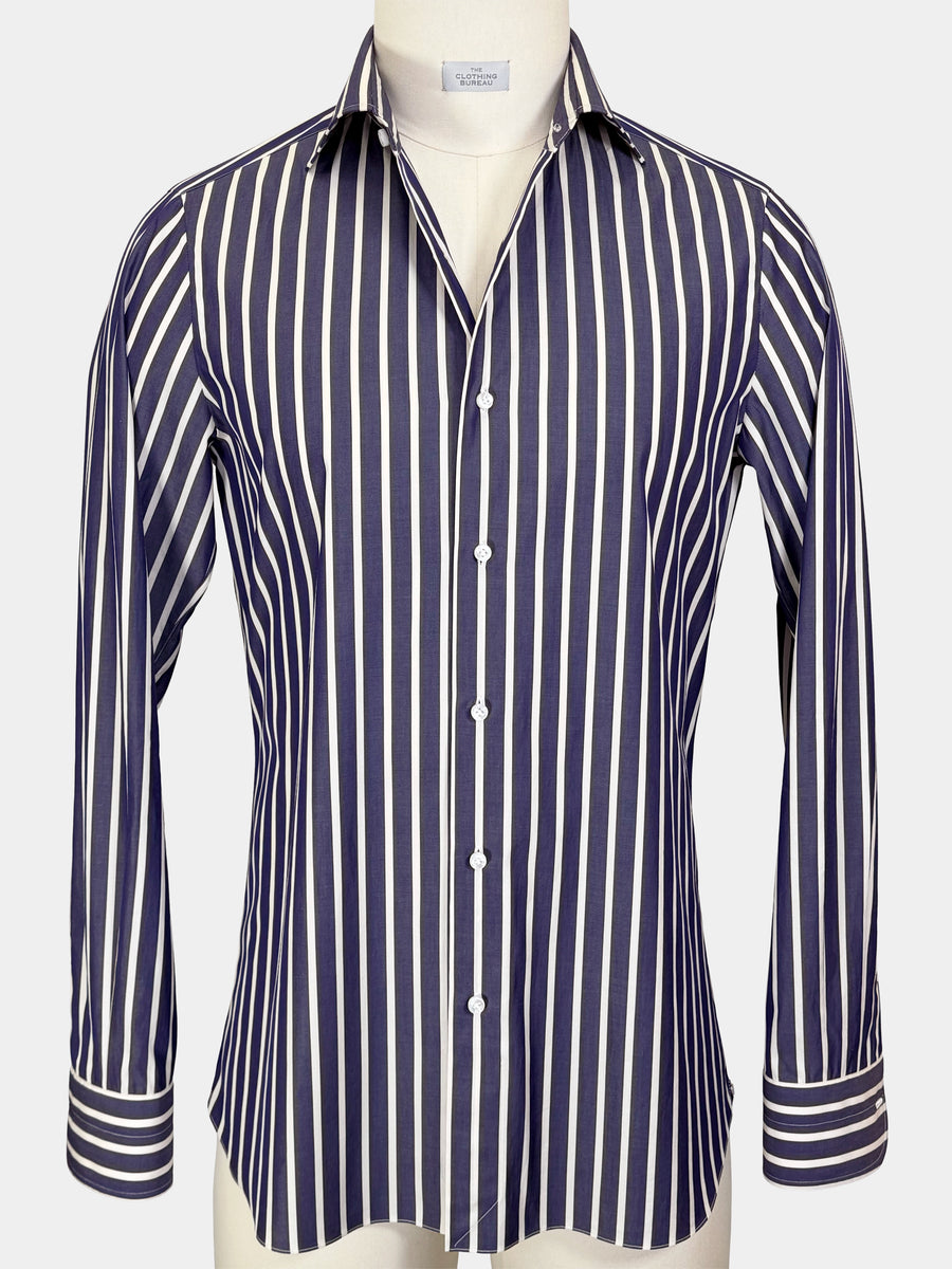 DEEP BLUE AND WHITE STRIPED COTTON POPLIN DRESS SHIRT