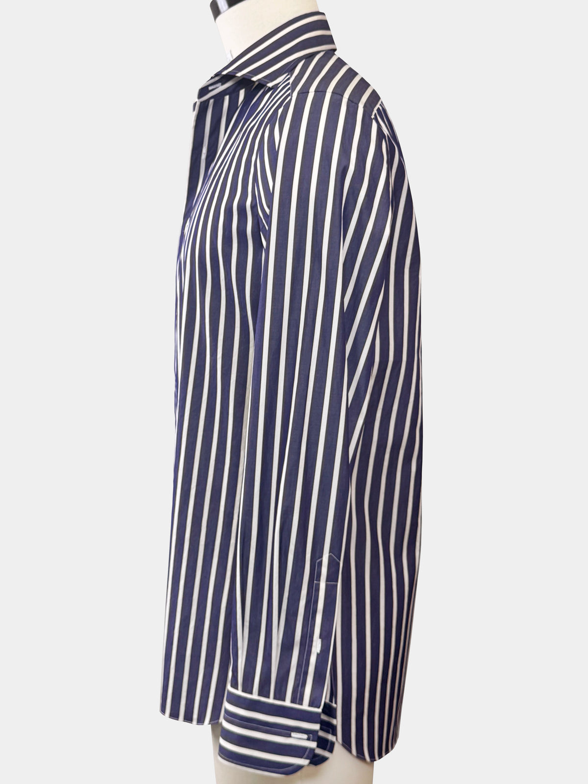 DEEP BLUE AND WHITE STRIPED COTTON POPLIN DRESS SHIRT