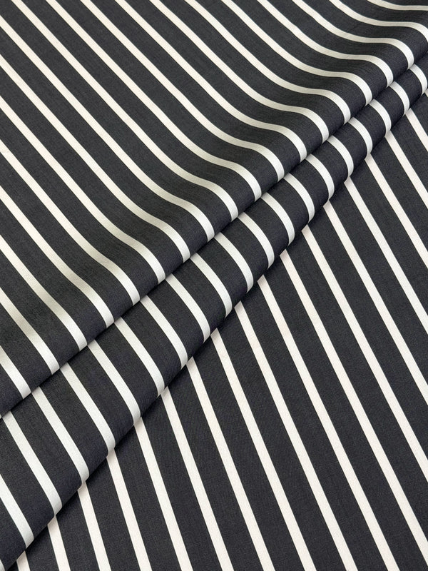 charcoal gray and white striped cotton poplin, 100% fine-woven cotton
