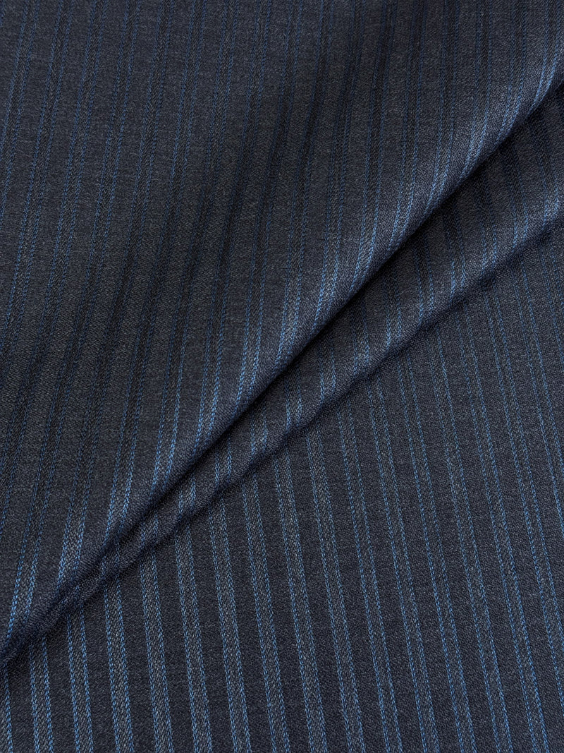Charcoal wool and cashmere suiting fabric with turquoise double pinstripes, woven in Belgium by Scabal