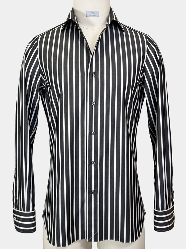 COTTON POPLIN DRESS SHIRT IN CHARCOAL GRAY AND WHITE STRIPES