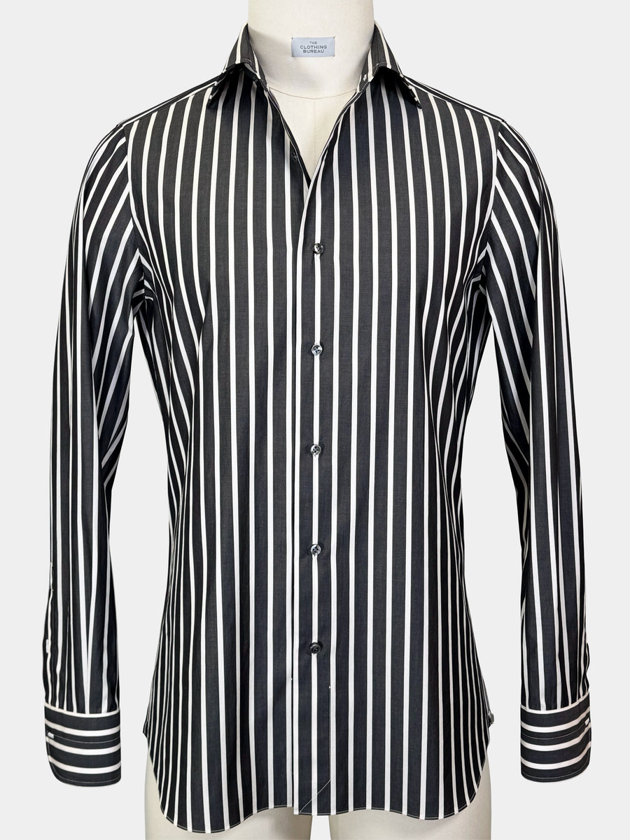 CHARCOAL GRAY AND WHITE STRIPED COTTON POPLIN DRESS SHIRT
