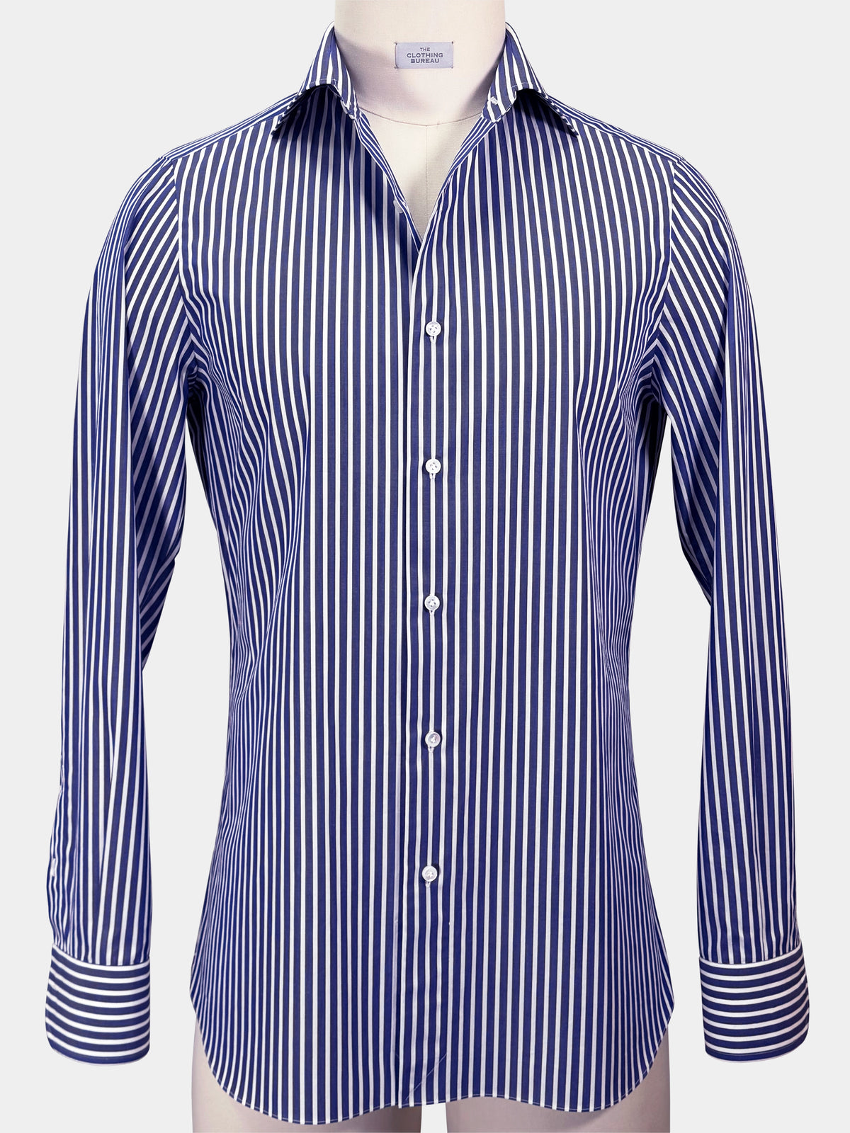 ULTRAMARINE BLUE AND WHITE STRIPED GIZA 87 COTTON POPLIN DRESS SHIRT