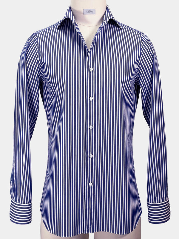 GIZA 87 COTTON POPLIN DRESS SHIRT IN ULTRAMARINE BLUE AND WHITE STRIPES